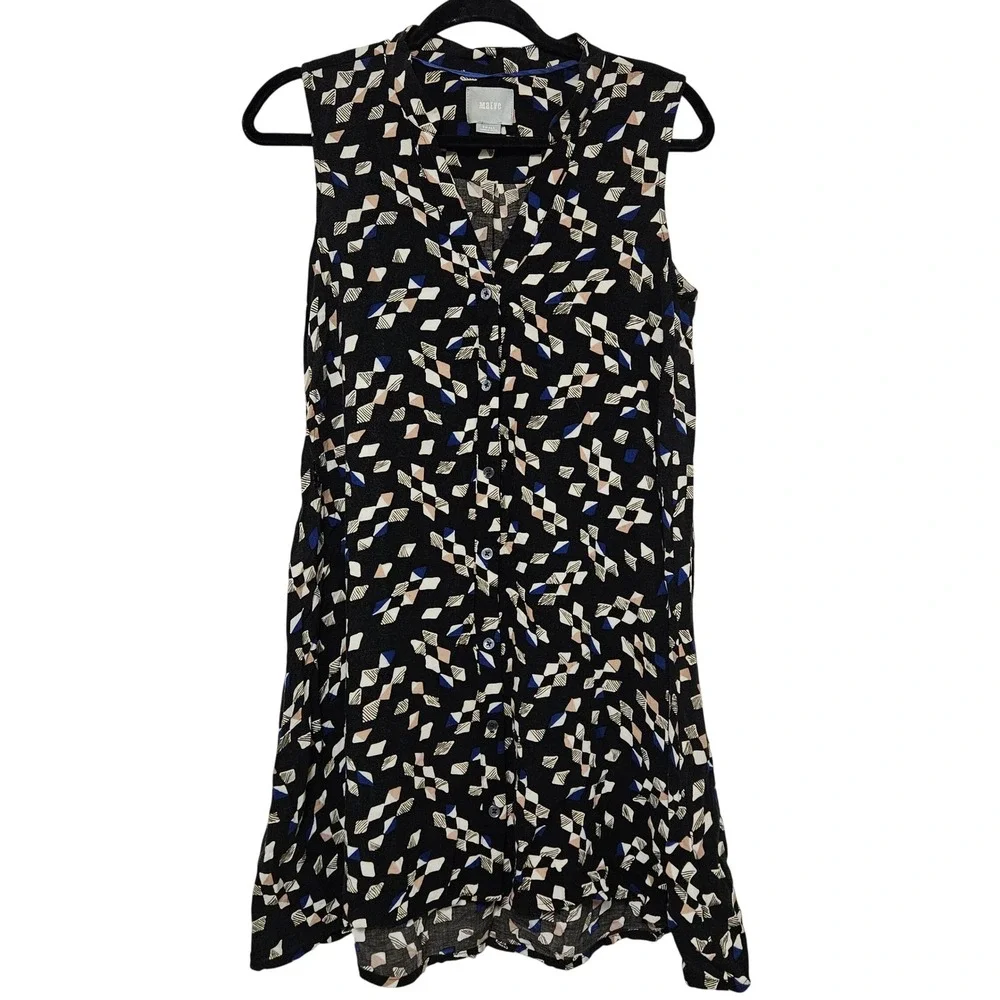 Maeve Art Girl Indie Abstract Drapey Shirt Dress Black White Rayon Sleeveless Sm - Picture 1 of 6